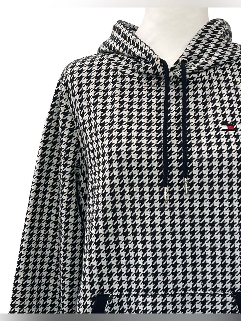 Tommy Hilfiger Houndstooth Hoodie Dress Black White Logo Pocket Medium - Picture 3 of 13